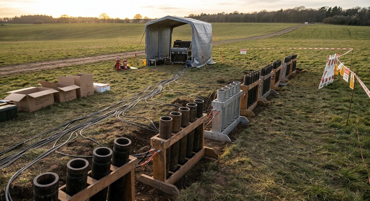 Installation de tir pyrotechnique - PyroYens Installation et préparation des mortiers de tir pyrotechnique sur un terrain en plein air par PyroYens
